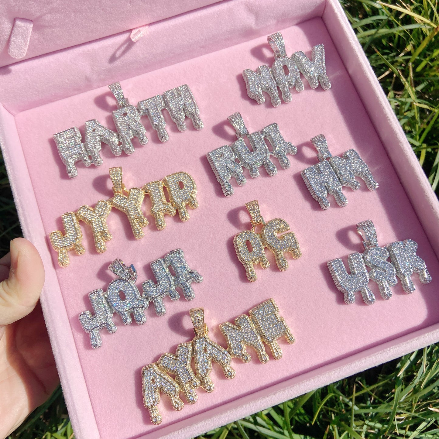 iced out letter initial water drop name pendant