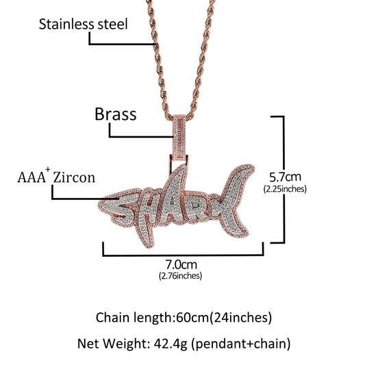 Breloques pendentifs en forme de lettre requin en zircone cubique 3D glacées