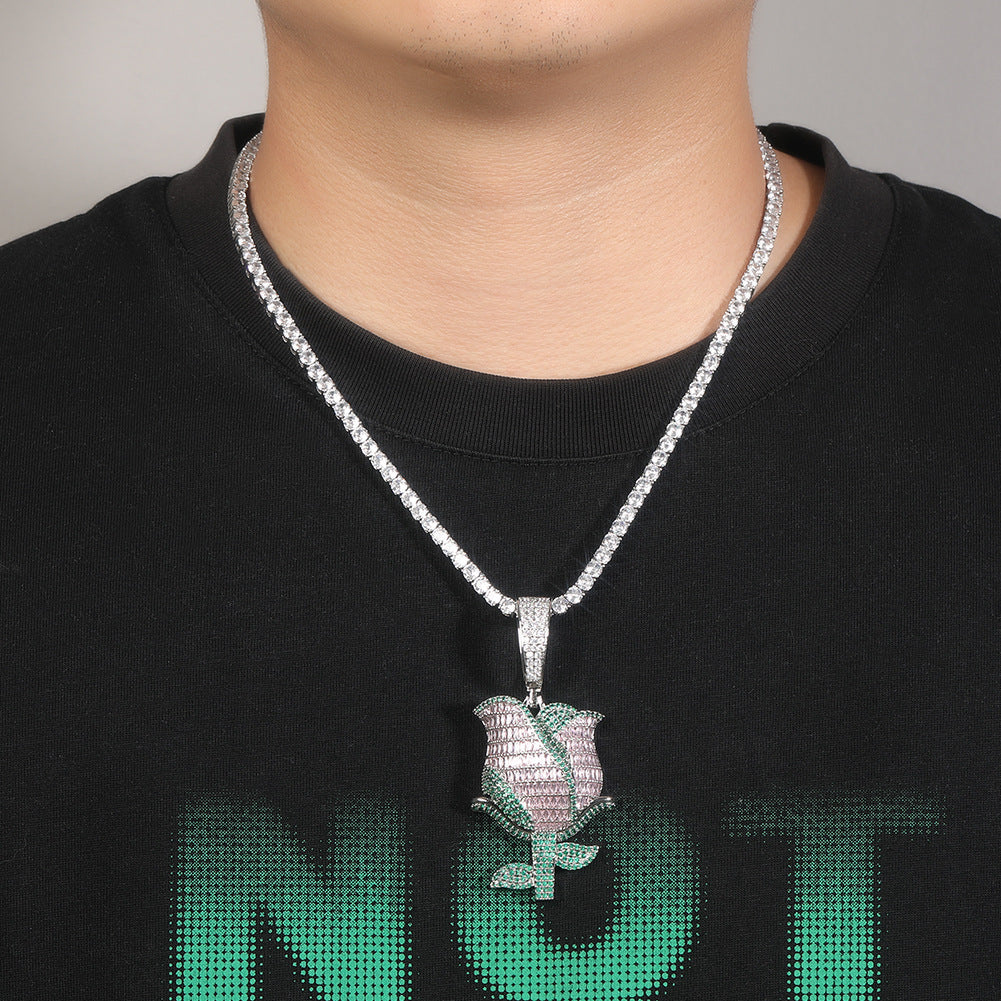 Pendentif Charm Fleur Rose Diamant Baguette