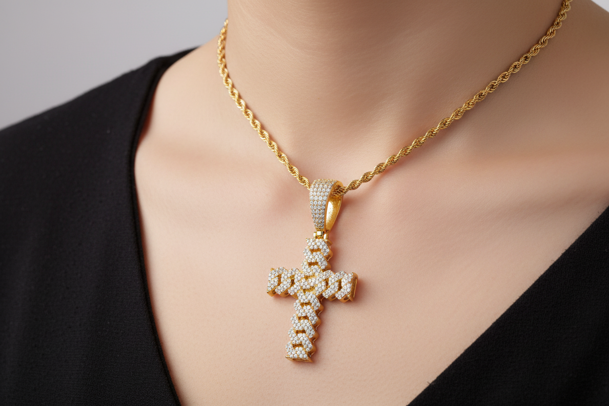 Real Silver Moissanite Cuban Link Cross Pendant