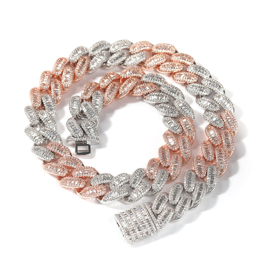 Collier ras du cou Hip Hop pour homme et femme, chaîne à maillons cubains en zircone cubique baguette de 15 mm avec finition glacée