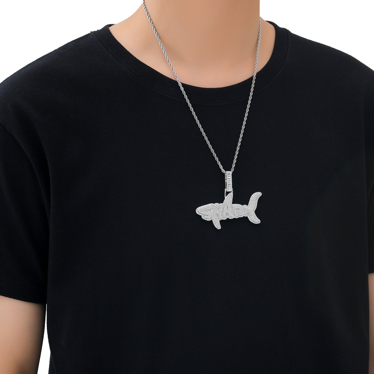 Breloques pendentifs en forme de lettre requin en zircone cubique 3D glacées