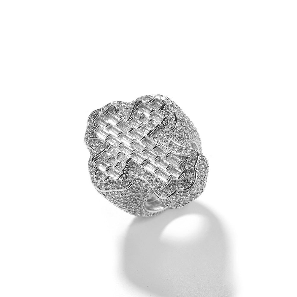 Bague en or 18 carats plaquée or 18 carats avec zircon 5A glacé, grosse et épaisse, forme baguette croisée