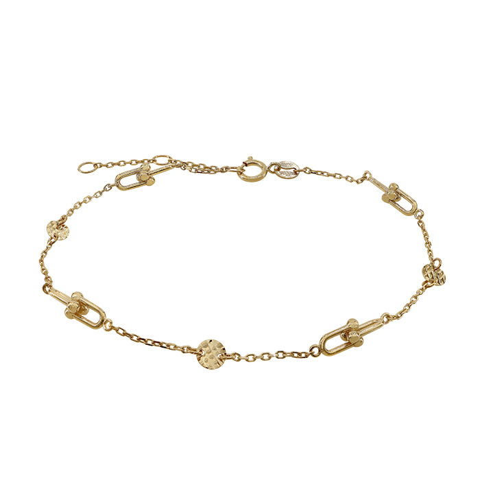 10KT Gold, hammered style flat disk and U link bracelet width, 6.5″ + 0.5″ + 0.5″ extension(4mm)