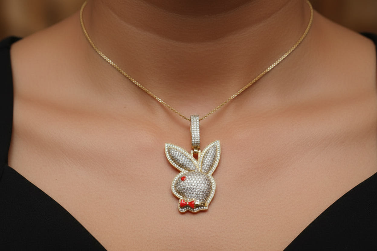 Iced out white gold plated playboy pendant