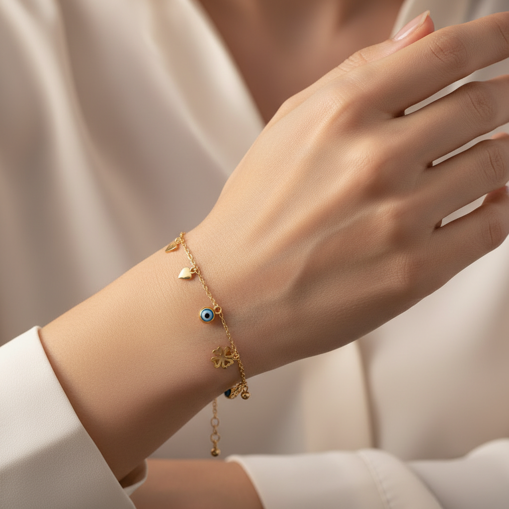 10KT Gold, multi charms bracelet with anchor link 6.5″ + 0.5″ + 0.5″ extension (1mm)