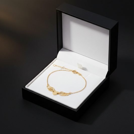 10KT Gold heart and wing bracelet, 6.5″ + 0.5″ + 0.5″ extension(1.5mm)