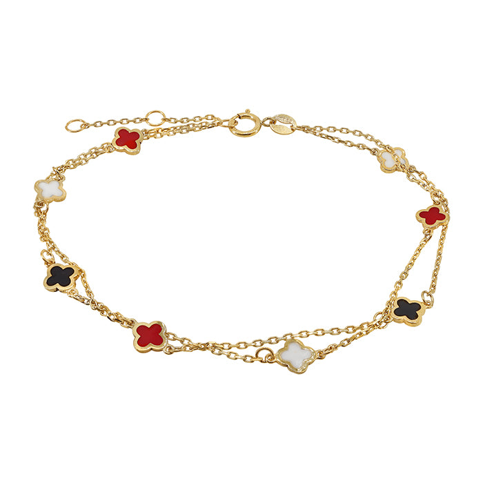 10KT Gold, multi color clover and double link bracelet width, 6.5″ + 0.5″ + 0.5″ extension(5mm)