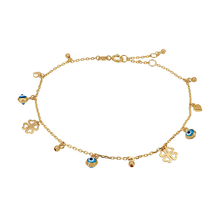 10KT Gold, multi charms bracelet with anchor link 6.5″ + 0.5″ + 0.5″ extension( 1mm)