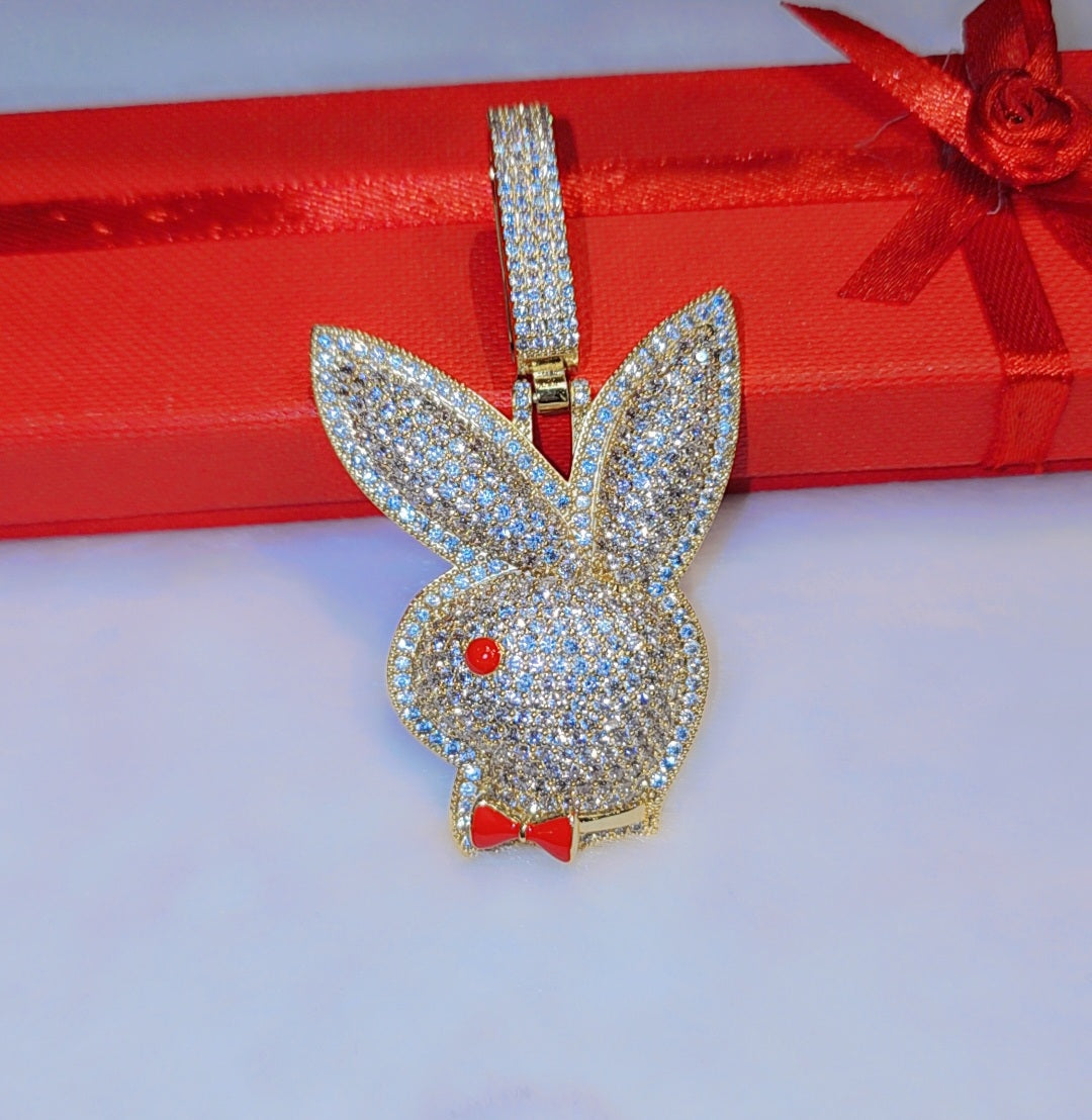 Iced out white gold plated playboy pendant