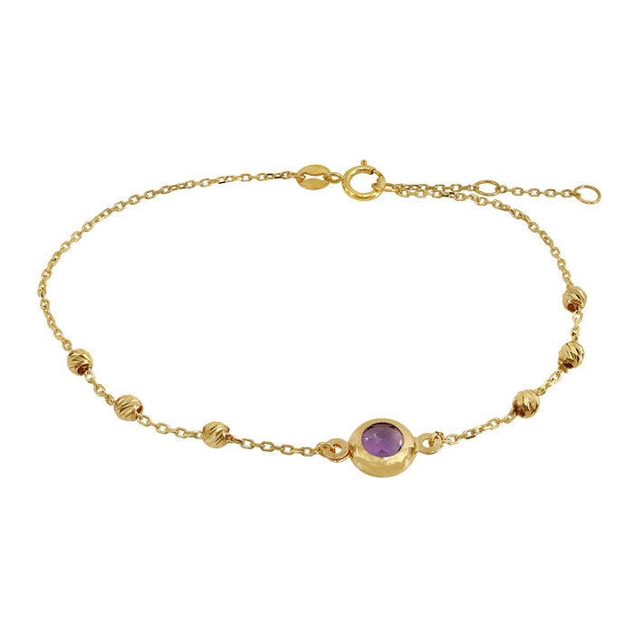 10KT Gold amethyst bracelet with 2.5mm diamond cut bead, 6.5″ + 0.5″ + 0.5″ extension(7mm)