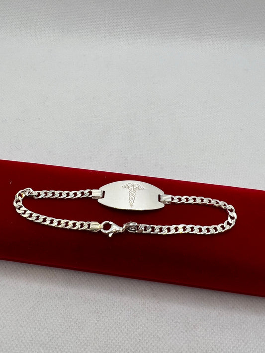 Bracelet gourmette d'identification médicale en argent véritable