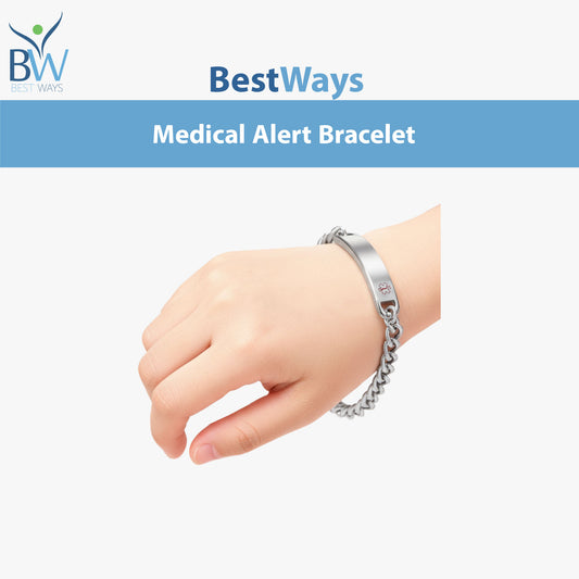 Stay safe in style with the BestWays T™
Medical Alert Bracelet. Featuring a stainless steel Cuban link chain, red Star of Life, and custom engravable ID plate,@ it alerts responders to your critical health information instantly.
Hypoallergenic, durable, unisex, and adjustable for everyday wear.