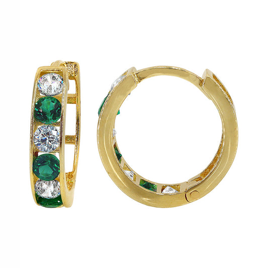 Real gold green cubic zirconia hoop earrings