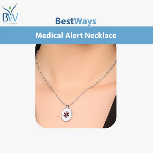 Stay protected with the BestWays Oval Medical Alert Necklace. Made from durable stainless steel, this hypoallergenic pendant features the red@ Star of Life for instant recognition in emergencies. Includes a 60 cm classic chain, perfect for diabetes, allergies, epilepsy, heart conditions, or medication needs.