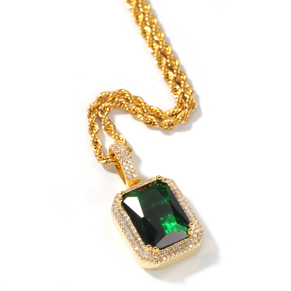 Iced Cz Cubic Zirconia Cz Pendant Pink/Blue/Green/Red Square Fluorescent Gem Pendant Necklace