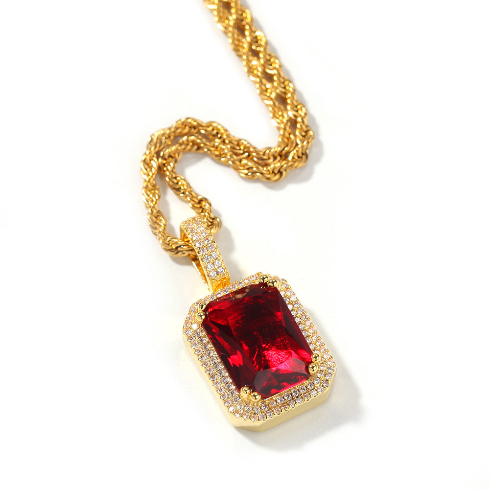 Iced Cz Cubic Zirconia Cz Pendant Pink/Blue/Green/Red Square Fluorescent Gem Pendant Necklace