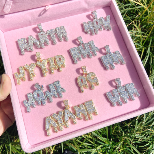 iced out letter initial water drop name pendant