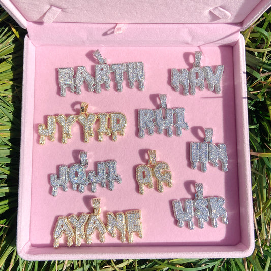 iced out letter initial water drop name pendant