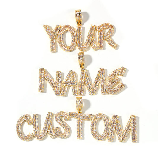 Custom Name Plate Iced Out cz Baguette Diamonds Letter Necklace