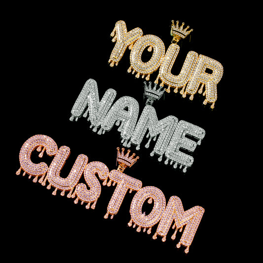 iced out water drop crown letter name plate pendant
