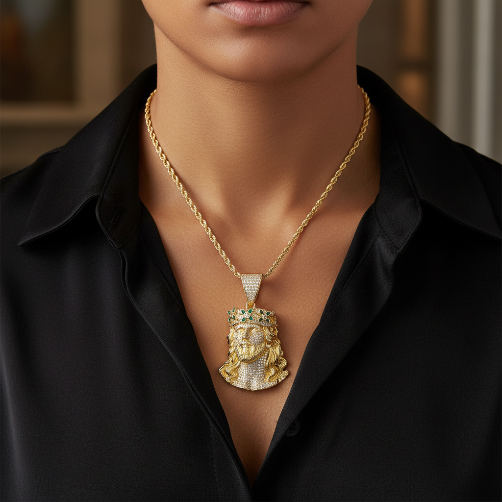 Iced Out Cz Four Leaf Crown Jesus Portrait
