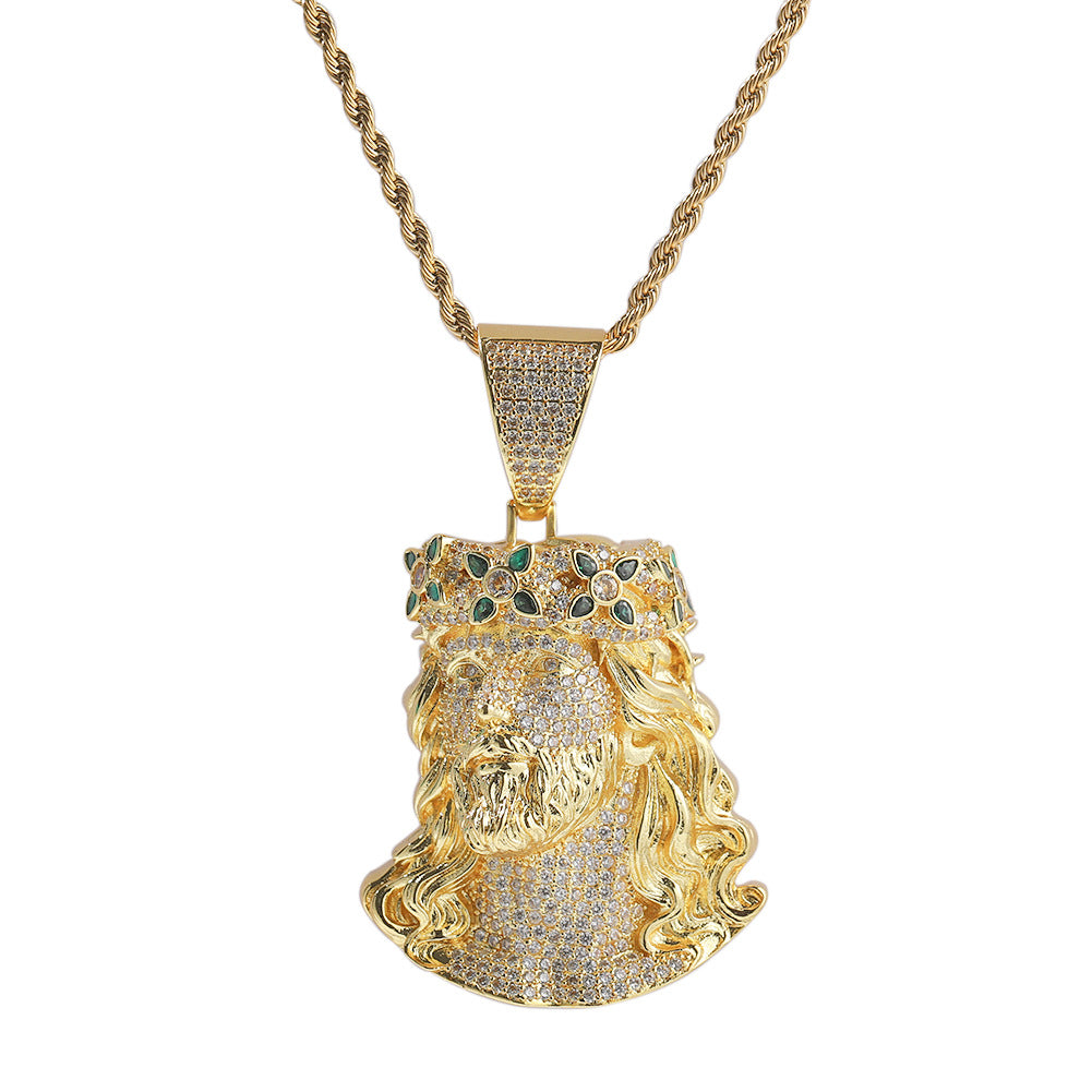 Iced Out Cz Four Leaf Crown Jesus Portrait Pendant