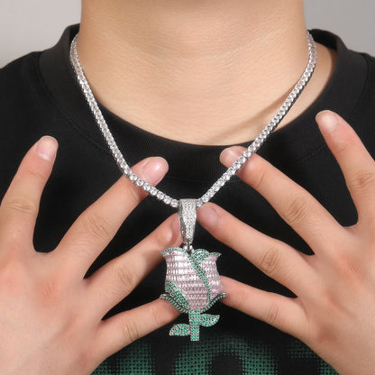 ਬੈਗੁਏਟ ਡਾਇਮੰਡ ਰੋਜ਼ ਫਲਾਵਰ ਚਾਰਮ ਪੈਂਡੈਂਟ