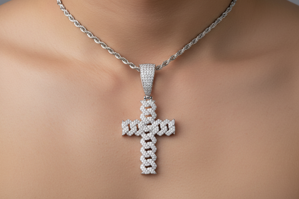Real Silver Moissanite Cuban Link Cross Pendant