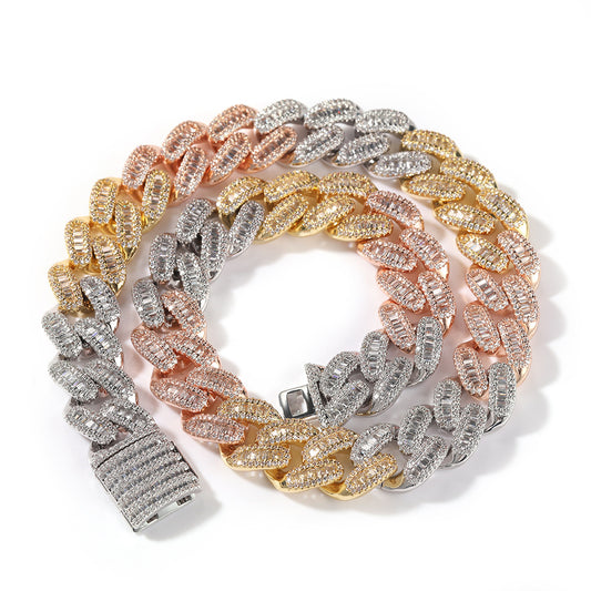 ਹਿੱਪ ਹੌਪ ਪੁਰਸ਼ ਔਰਤਾਂ ਚੋਕਰ 15mm ਬੈਗੁਏਟ Cz ਕਿਊਬਨ ਲਿੰਕ ਆਈਸਡ ਆਊਟ ਚੇਨ