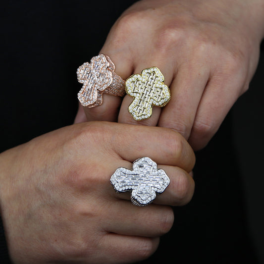 Bague en or 18 carats plaquée or 18 carats avec zircon 5A glacé, grosse et épaisse, forme baguette croisée