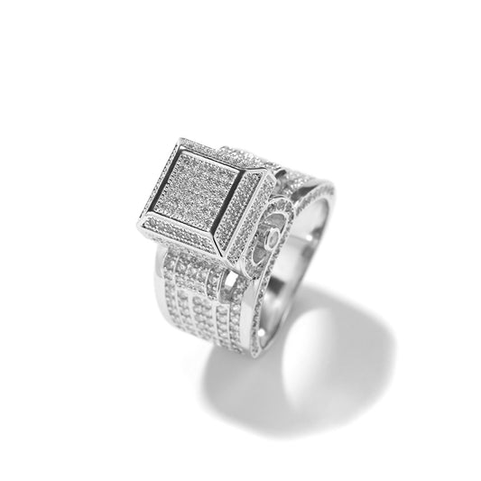 Bague de fiançailles chevalière en laiton plaqué or 18 carats avec zircons cubiques carrés et diamants
