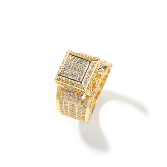 Bague de fiançailles chevalière en laiton plaqué or 18 carats avec zircons cubiques carrés et diamants