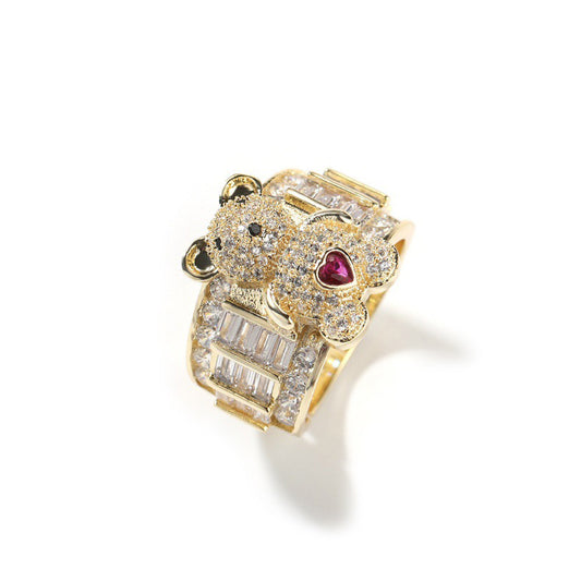 18K ਗੋਲਡ ਆਈਸਡ ਆਊਟ Cz ਕਿਊਟ ਟੈਡੀ ਬੀਅਰ ਡਾਇਮੰਡ ਐਡਜਸਟੇਬਲ ਪ੍ਰੌਮਿਸ ਇੰਡੈਕਸ ਰਿੰਗ