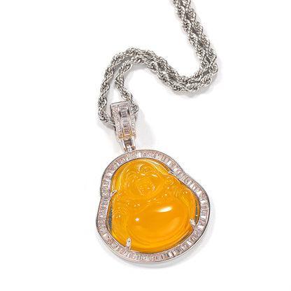 ਪਿੱਤਲ ਦਾ ਬੈਗੁਏਟ ਹੀਰਾ ਹਰਾ ਜੇਡ ਬੁੱਧ ਪੈਂਡੈਂਟ ਹਾਰ