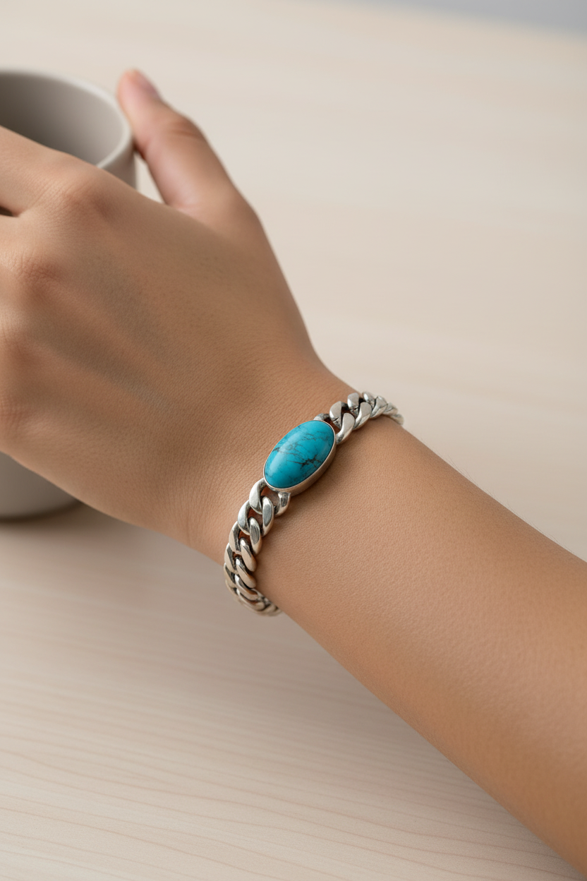 Real silver blue turquoise bracelet