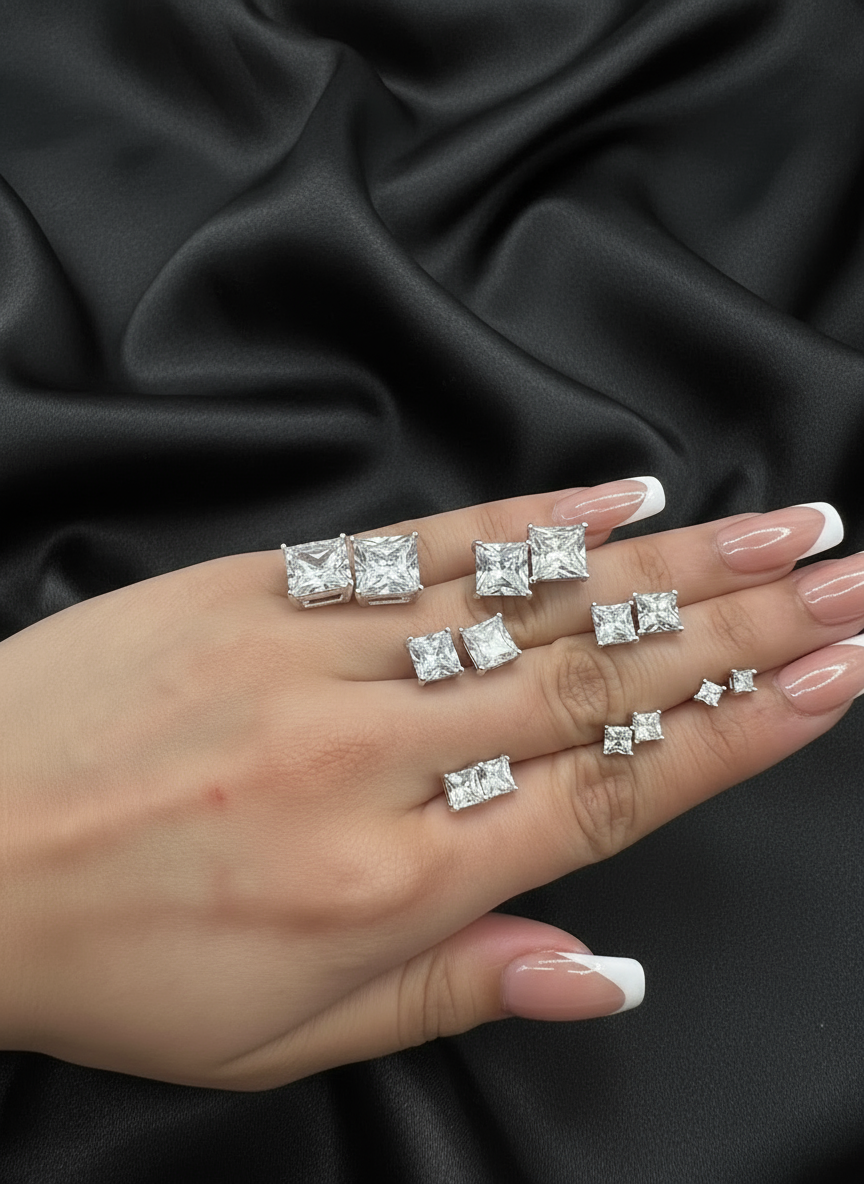 ਅਸਲੀ ਚਾਂਦੀ ਦੇ ਸਟੱਡ (ਵਰਗ ਪੱਥਰ)