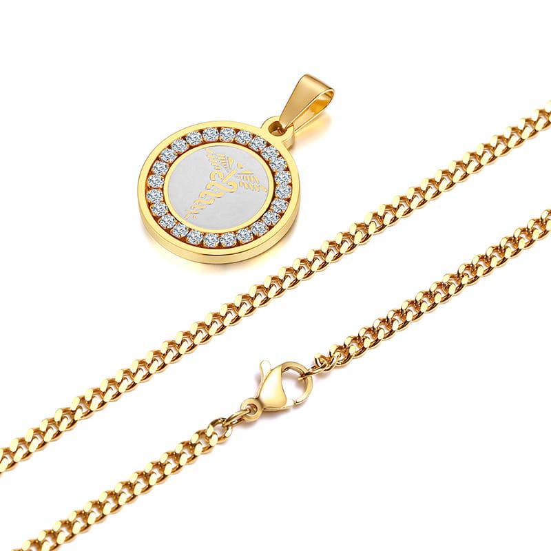 Stay safe and stylish with the BestWays Medical Alert Necklace. Crafted from gold-tone stainless steel with sparkling AAA cubic zirconia, it features an engraved medical symbol for quick identification in emergencies.
Hypoallergenic, tarnish-resistant, and perfect for diabetes, allergies, heart conditions, and more.