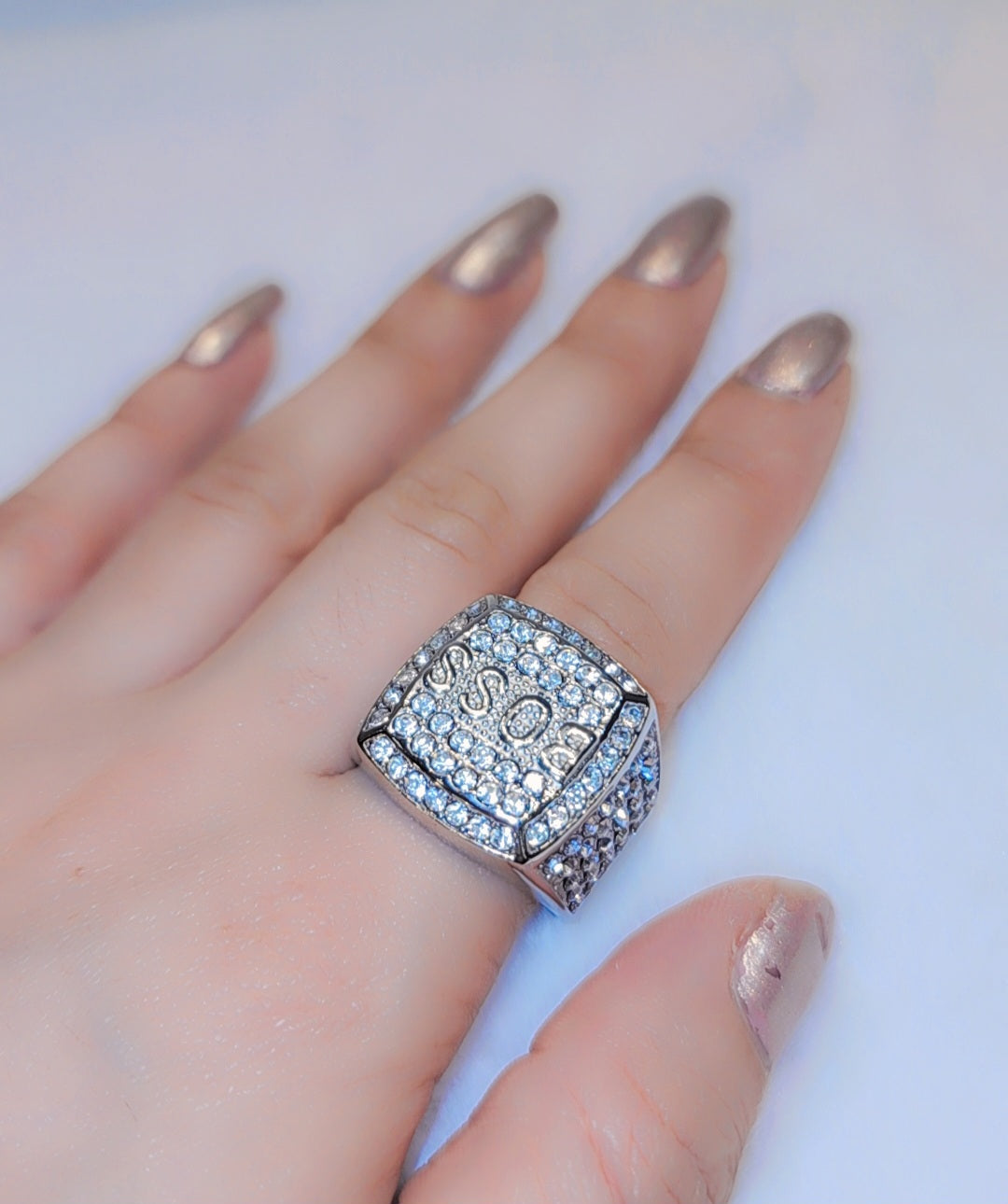 Iced out white gold plated Boss ring