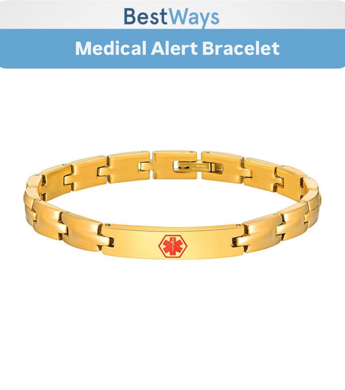 Stay protected in style with the BestWays Medical Alert Bracelet. Made from durable stainless steel with a gold-tone finish, it features a red medical symbol for quick recognition and an engravable plate for vital health information or emergency contacts.
Comfortable, rust-resistant, and perfect for diabetes, allergies, epilepsy, and more.