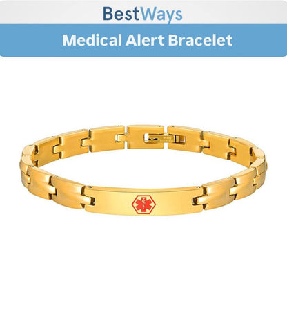 Stay protected in style with the BestWays Medical Alert Bracelet. Made from durable stainless steel with a gold-tone finish, it features a red medical symbol for quick recognition and an engravable plate for vital health information or emergency contacts.
Comfortable, rust-resistant, and perfect for diabetes, allergies, epilepsy, and more.