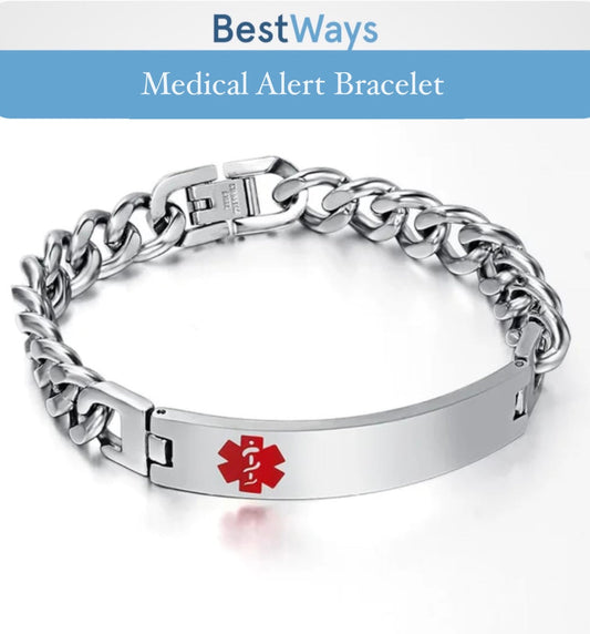Stay protected with the BestWays M™
Medical Alert Bracelet. Featuring a stainless steel Cuban link chain, red Star of Life, and custom engravable ID plate, it alerts responders to your health conditions instantly. Durable, stylish, unisex, and adjustable-ideal for diabetes, epilepsy, allergies, and more.