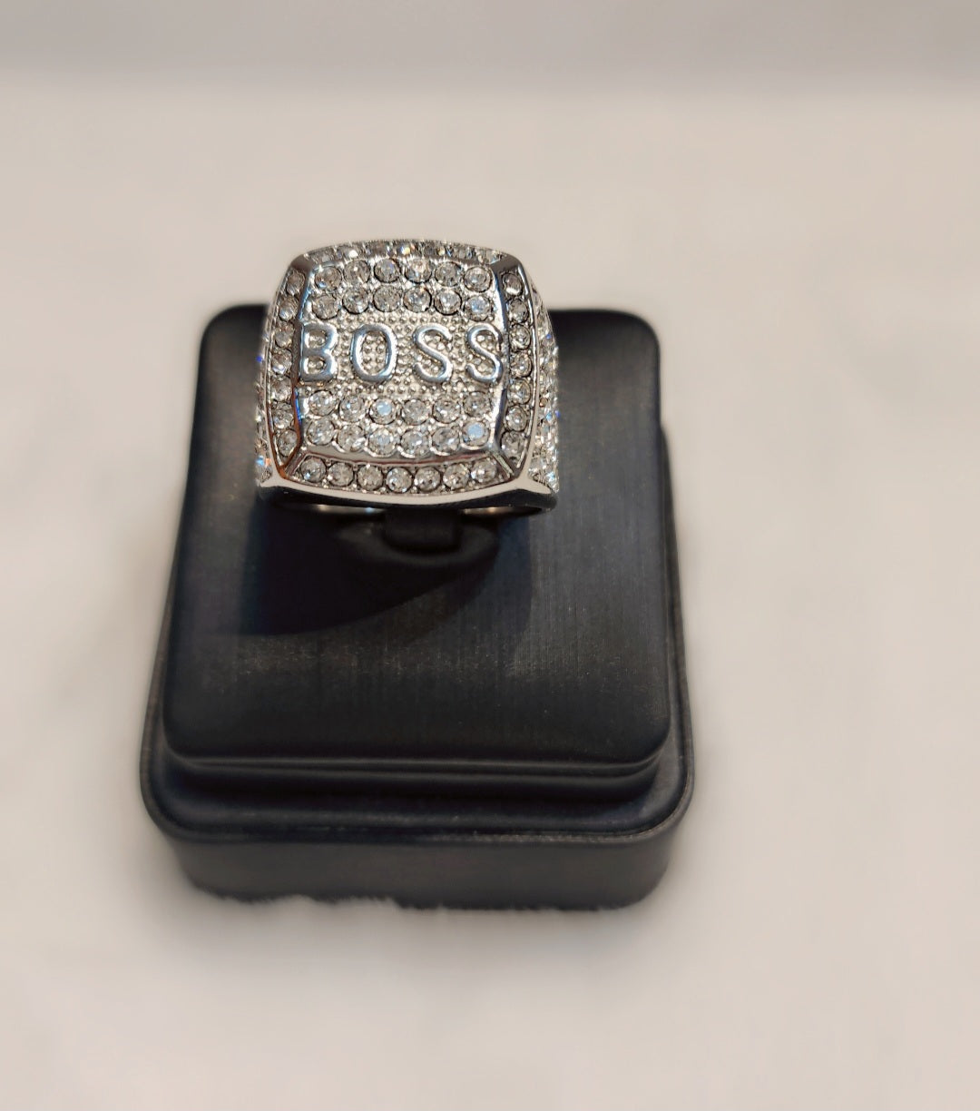 Iced out white gold plated Boss ring