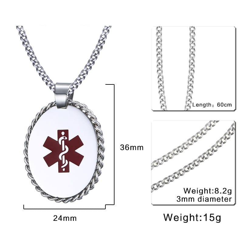 Stay protected with the BestWays Oval Medical Alert Necklace. Made from durable stainless steel, this hypoallergenic pendant features the red@ Star of Life for instant recognition in emergencies. Includes a 60 cm classic chain, perfect for diabetes, allergies, epilepsy, heart conditions, or medication needs.