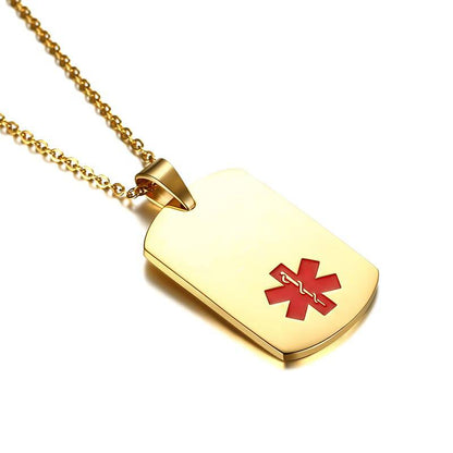 Gold Medical Alert Necklace – Stainless Steel Pendant with Red Symbol