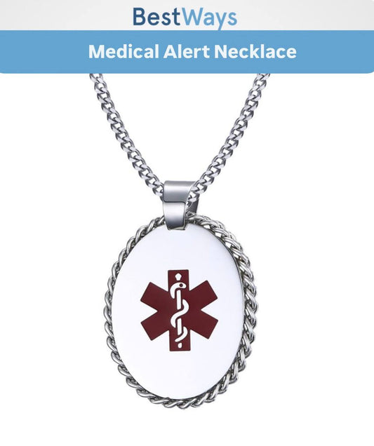 Stay protected with the BestWays Oval Medical Alert Necklace. Made from durable stainless steel, this hypoallergenic pendant features the red@ Star of Life for instant recognition in emergencies. Includes a 60 cm classic chain, perfect for diabetes, allergies, epilepsy, heart conditions, or medication needs.