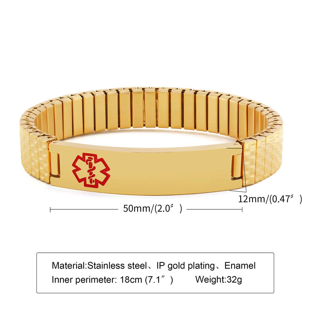 Protect your health with elegance using the Gold-Plated Medical Alert Bracelet.
Crafted from rust-resistant stainless steel with durable gold plating, it features the universal medical symbol for quick emergency ID. Scratch- and water-resistant, hypoallergenic, and perfect for diabetes, epilepsy, allergies, or medications.
