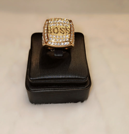 Iced out gold plated Boss ring