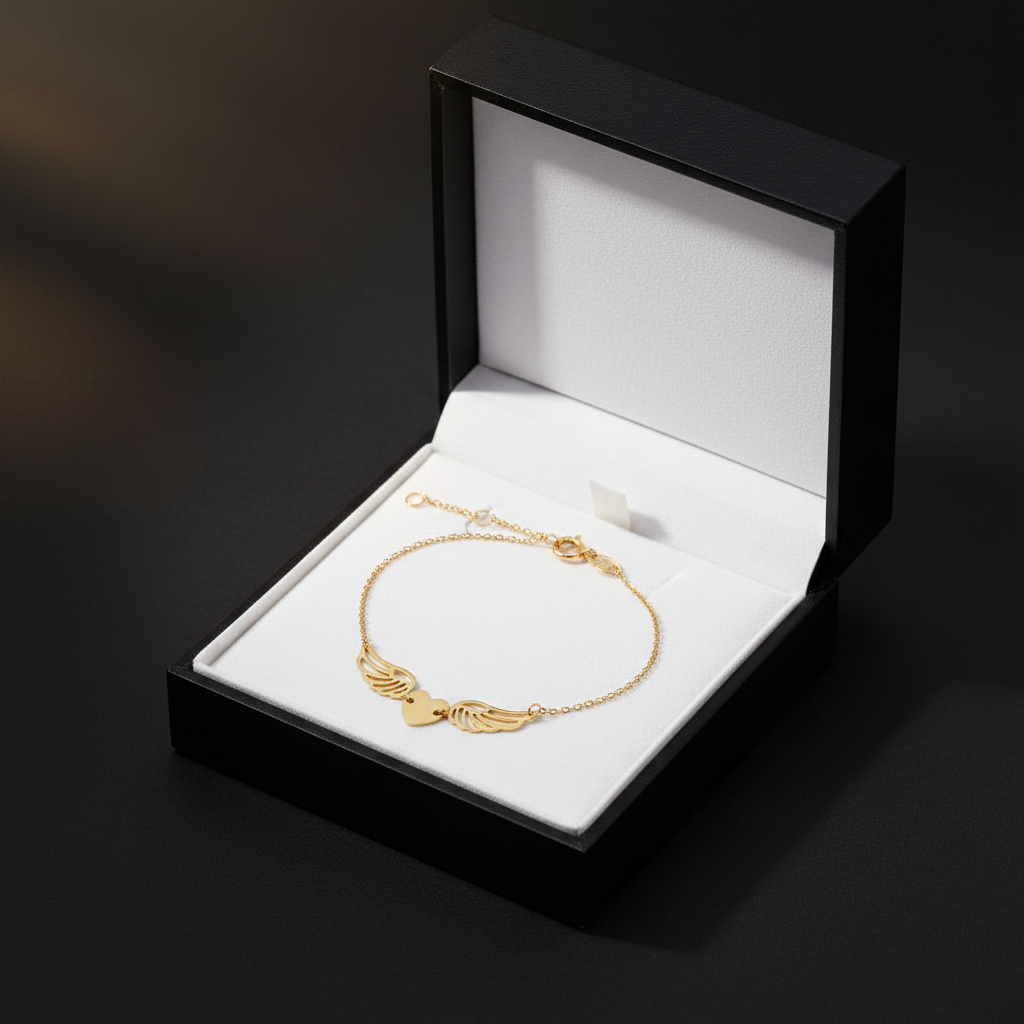 10KT Gold heart and wing bracelet,  6.5″ + 0.5″ + 0.5″ extension(1.5mm)