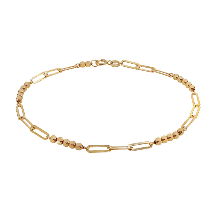 Bracelet en or 10 carats, perle cubique 2x2 mm avec maillons plats en forme de trombone, largeur 7″ (2,5 mm)